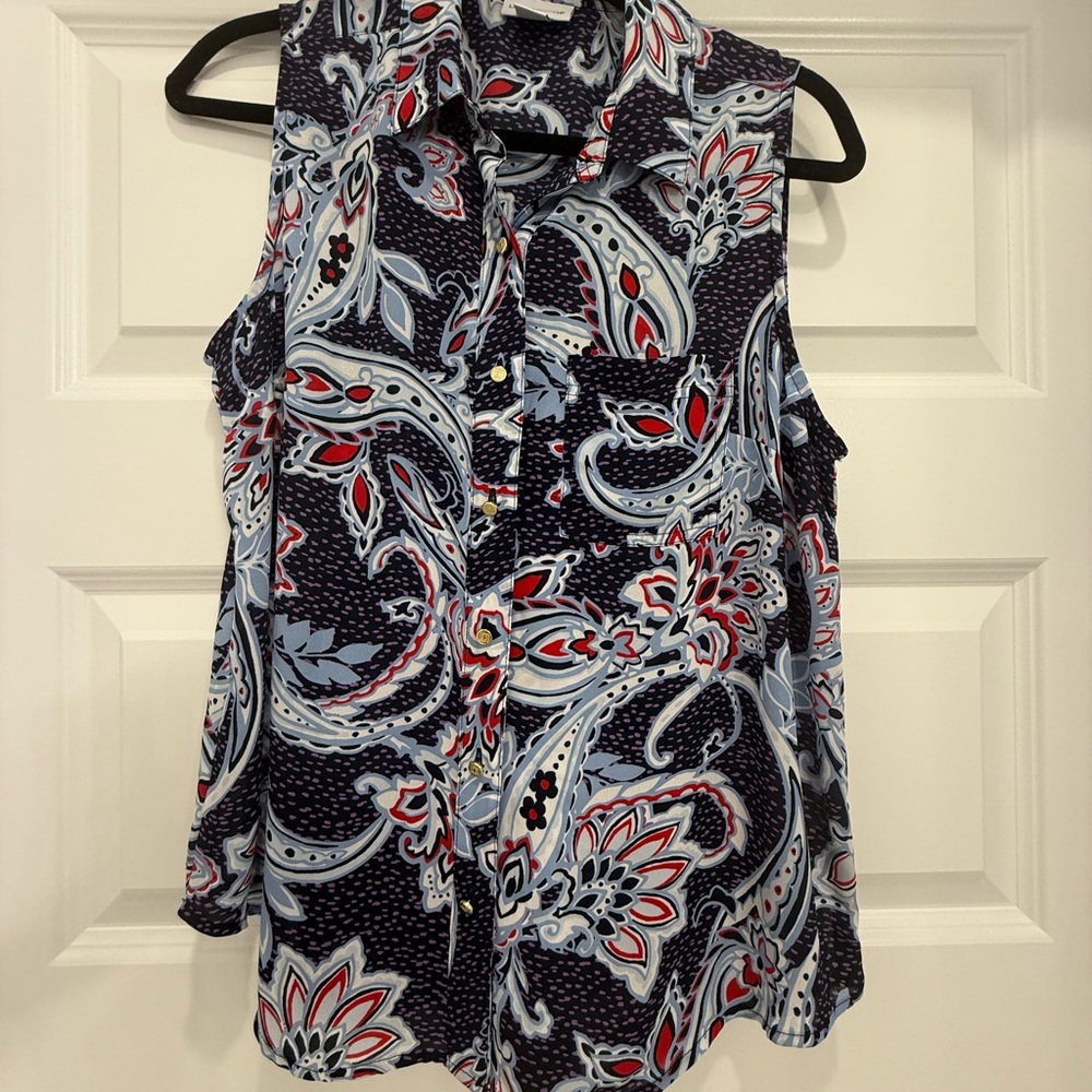 Liz Claiborne Sleeveless Blouse Blue Red Mandarin Collar